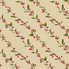 colorful seamless pattern, branches with red berries on a beige background