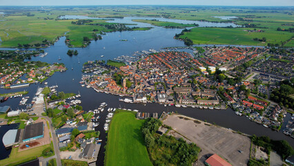 Aerial view of the old town of the city Grou in the Netherlands on a sunny day in summer	
