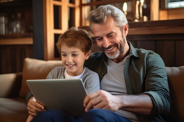 Happy father and son using digital tablet, watching cartoons, playing games, sitting on sofa at home, having fun together