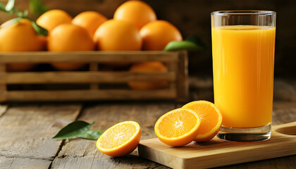 glass of fresh orange juice with fresh fruits on wooden table