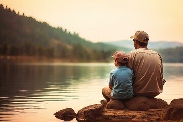 Fototapeta premium Father and son enjoying a peaceful moment fishing together on a lake at sunset