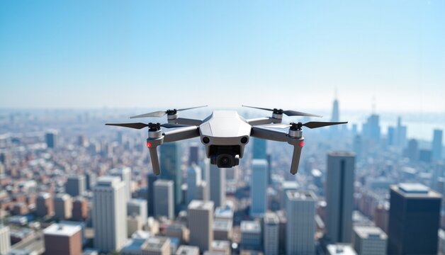 Drone soaring above a bustling city skyline in bright daylight, showcasing modern technology and urban life, concept of aerial photography or tech services