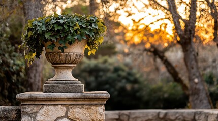 Beautiful Stone Planter with Ivy Against a Sunset Background