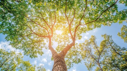 Bright Sunlight Filtering Through Lush Green Tree Canopy