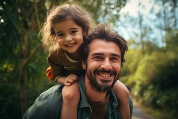 Father giving piggyback ride to daughter in a park, both are smiling