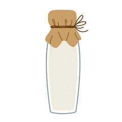 Isolated flat vector illustration of glass milk bottle with paper lid tied on white background. Cottagecore lifestyle. Healthy food