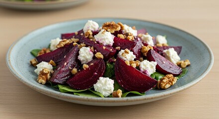 Fototapeta premium Roasted Beet Salad With Goat Cheese and Walnuts Healthy Appetizing Autumn Dish