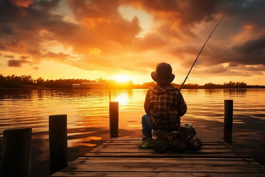 Young fisherman sits on a wooden pier, fishing rod in hand, enjoying the tranquility of a vibrant sunset over the calm lake