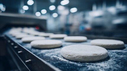 frozen pizza bases on factory conveyor, food manufacturing and meal preparation 
