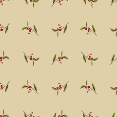 colorful seamless pattern, branches with red berries on a beige background