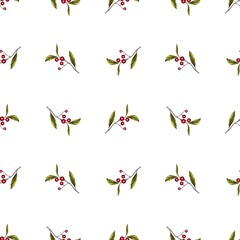 colorful seamless pattern, branches with red berries on a white background