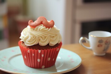 Tasty cupcake with mustache shaped decoration celebrating father's day, sitting on a plate with a teacup in the background