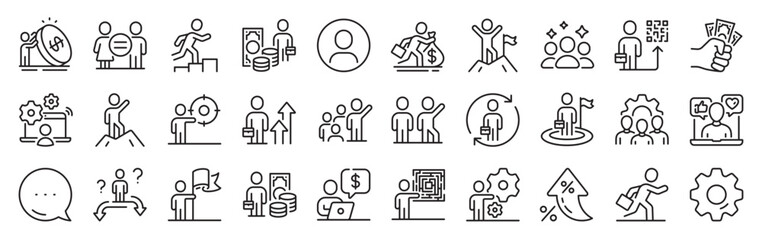 Business people line icons. Settings gear, Message, Inflation icons. Leadership flag, person skill and maze labyrinth set. Goal flag, management strategy and human skill line icons. Vector