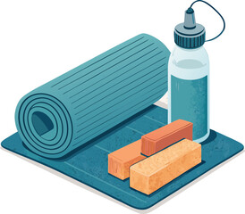 Flat Design Vector of Yoga Mat, Blocks, and Water Bottle – Fitness and Wellness Essentials

