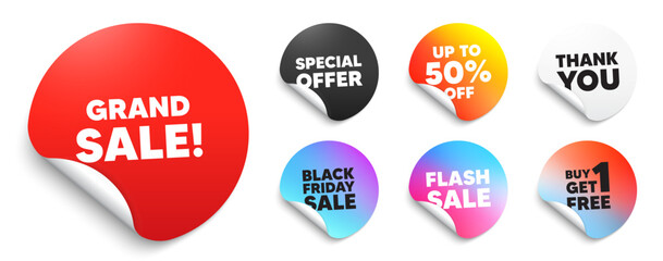 Grand sale red sticker tag. Special offer paper price tags. Grand sale tag. Special offer price sign. Advertising discounts symbol. Discount, black friday sticker. Promo banner. Vector