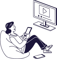 Flat Vector Illustration of a Person Streaming Content on Multiple Devices (TV, Tablet, Smartphone)

