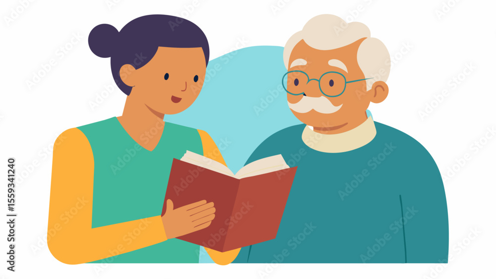Poster a volunteer reading a book to an elderly man with dementia helping him maintain language and memory 