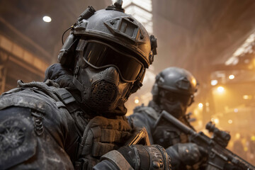 Fototapeta premium Soldiers wearing gas mask and helmet holding gun in war zone