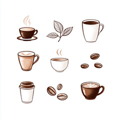Obraz premium Coffee art featuring various cups, leaves, and coffee beans in a simple and elegant design