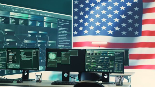 Empty cyber environment featuring the American flag on a big screen. Emphasizing cyber operations, digital safety and advanced technology for information security and cyber defense. Camera A.