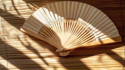 Elegant Bamboo Fan Displaying Shadows on Natural Surface