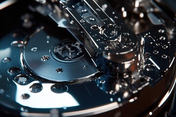 A close-up, detailed view into the inner workings of a hard drive, showcasing its shiny, metallic components.