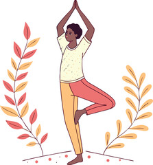 Flat Vector Illustration of Man Practicing Tree Pose in Vibrant Colors – Yoga and Wellness Concept

