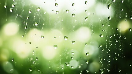 Close-up of Raindrops on Window with Blurred Green Background