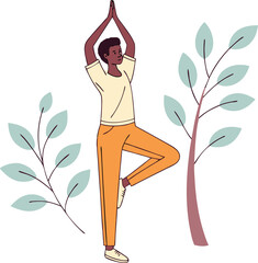 Flat Vector Illustration of Man Practicing Tree Pose in Vibrant Colors – Yoga and Wellness Concept

