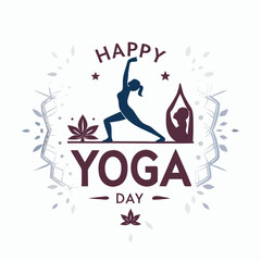 Happy Yoga Day Text with Yoga Pose Icons – Vector Celebration Design

