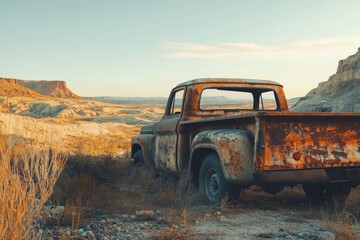 An old, rusty pickup truck sits abandoned in a desolate, sun-drenched desert landscape under a clear sky.