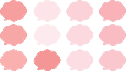 ピンクの暖色系の１２色の吹き出しセット。吹き出しの内側に白い破線がある。