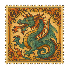 Obraz premium PNG Vintage dragon postage stamp illustration.