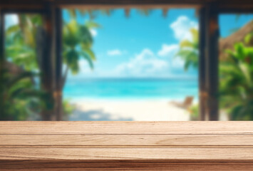 Light wooden tabletop with blurred tropical beach background. Ideal for summer mockups or travel design.