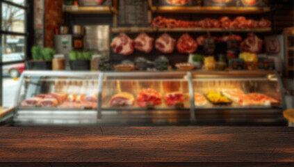 Dark wooden tabletop with blurred background of artisan butcher shop and meat counter. Ideal for culinary design.