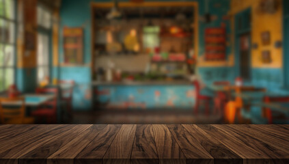 Dark wooden worktop with blurred background of a colorful rustic local restaurant. Ideal for food mockups or traditional design.