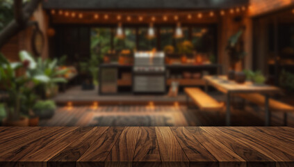 Tabletop Scene with Blurred Outdoor Kitchen and Dining Area Background with Warm Lights