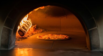 A pizza cooking in a brick wood-fired oven