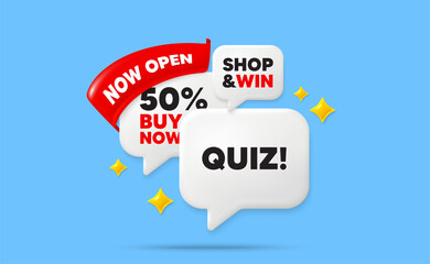 Quiz speech bubbles. Now open flag ribbon. Quiz tag. Answer question sign. Examination test symbol. Discount chat bubbles with 3d sparkles. Vector