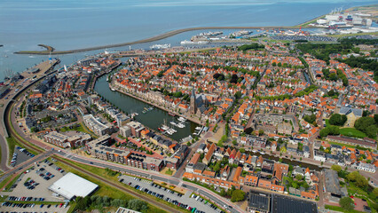 Aerial view of the old town of the city Harlingen in the Netherlands on a sunny day in summer	

