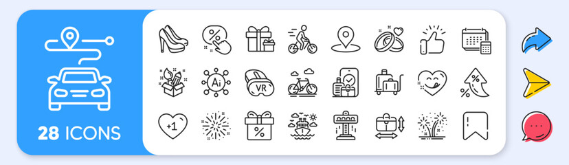 Ship travel, Shoes and Bike line icons. Interest rate, AI generate, Inflation icons. Pack of Luggage trolley, Attraction, Discount button icon. Pin, Handbag size, Journey pictogram. Vector