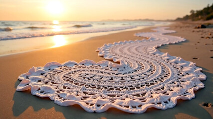 Wedding dress train on sandy beach at sunset, golden light enhancing seaside. Wedding dress train extends along sand, creating path toward distant horizon, featuring intricate crochet pattern.