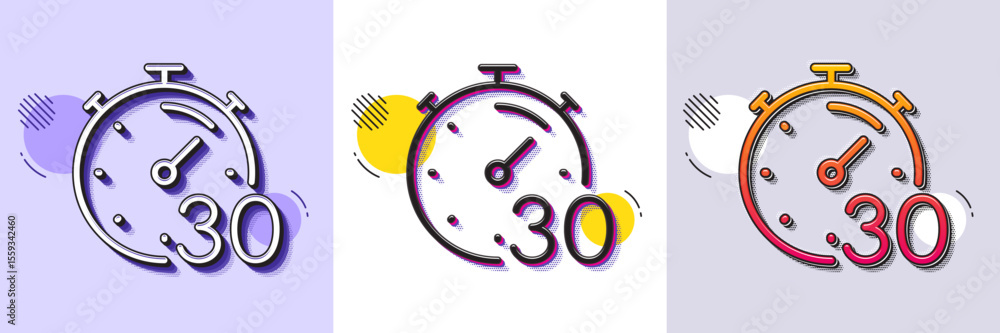 Poster timer 30 minutes line icon. halftone dotted pattern. gradient icon with grain shadow. stopwatch time