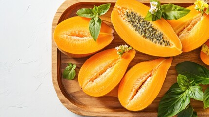 Fresh and Delicious Slices of Papaya with Green Basil Leaves