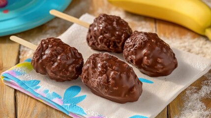 Delicious Chocolate Coated Banana Treats on a Wooden Table