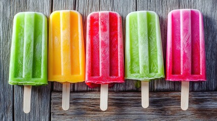 Colorful Ice Pops in Bright Shades on Wooden Surface for Summer Treats
