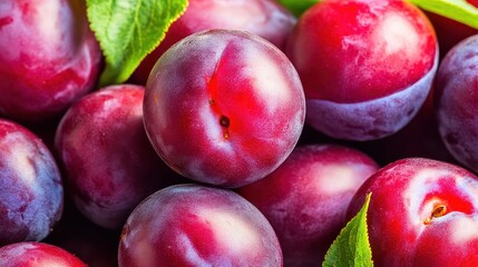 Fresh and Juicy Plums with Green Leaves on Dark Background