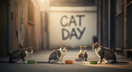 Group of street cat gathering around food bowl with cat day text on wall, international cat day, animal care concept.