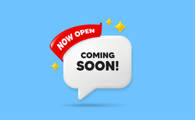 Coming soon ribbon speech bubble. Now open flag ribbon. Coming soon tag. Promotion banner sign. New product release symbol. 3d sparkle stars speech bubble. Vector