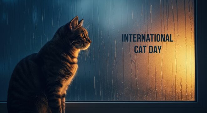 Tabby cat looking out a rainy window, with the text "International Cat Day" for greeting card and pet event.